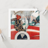 赤い自動車の中で女の子とパグ犬 カード (正面/裏面インサイチュ)