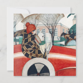 赤い自動車の中で女の子とパグ犬 カード