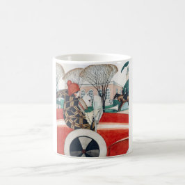 赤い自動車の中で女の子とパグ犬 コーヒーマグカップ