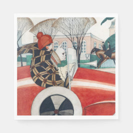 赤い自動車の中で女の子とパグ犬 スタンダードランチョンナプキン