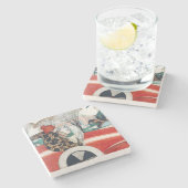 赤い自動車の中で女の子とパグ犬 ストーンコースター (横)