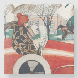 赤い自動車の中で女の子とパグ犬 ストーンコースター