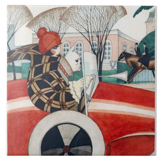 赤い自動車の中で女の子とパグ犬 タイル (正面)