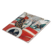 赤い自動車の中で女の子とパグ犬 タイル (側面)