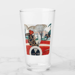 赤い自動車の中で女の子とパグ犬 タンブラーグラス