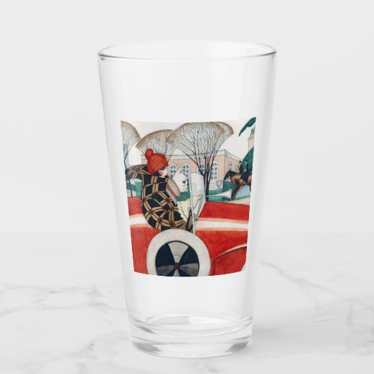 赤い自動車の中で女の子とパグ犬 タンブラーグラス (正面)