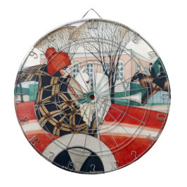 赤い自動車の中で女の子とパグ犬 ダーツボード