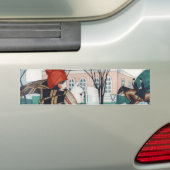 赤い自動車の中で女の子とパグ犬 バンパーステッカー (車上)