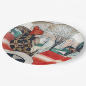 赤い自動車の中で女の子とパグ犬 ペーパープレート (アングル)