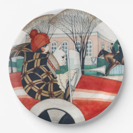 赤い自動車の中で女の子とパグ犬 ペーパープレート