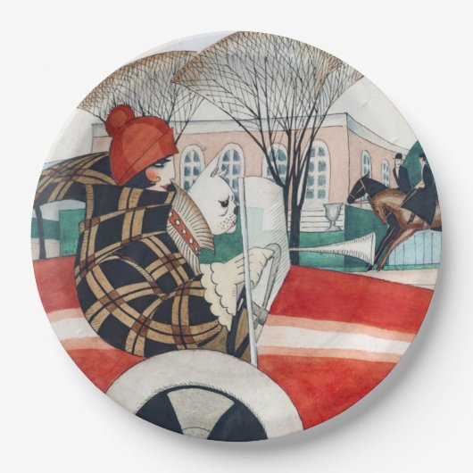 赤い自動車の中で女の子とパグ犬 ペーパープレート (正面)