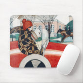 赤い自動車の中で女の子とパグ犬 マウスパッド (マウス)