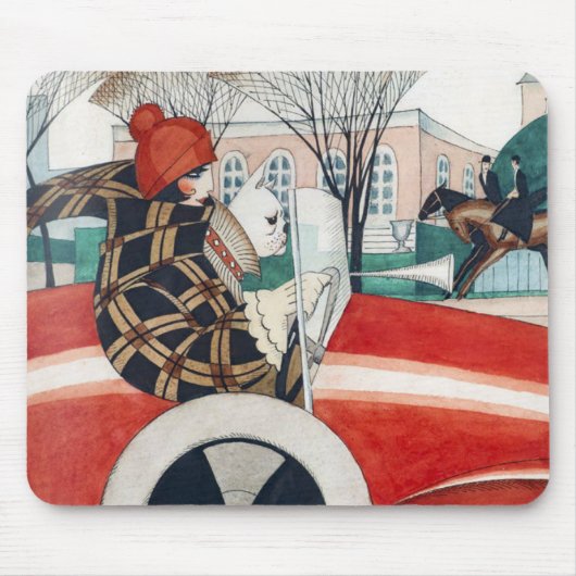 赤い自動車の中で女の子とパグ犬 マウスパッド (正面)