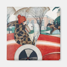 赤い自動車の中で女の子とパグ犬 マグネット