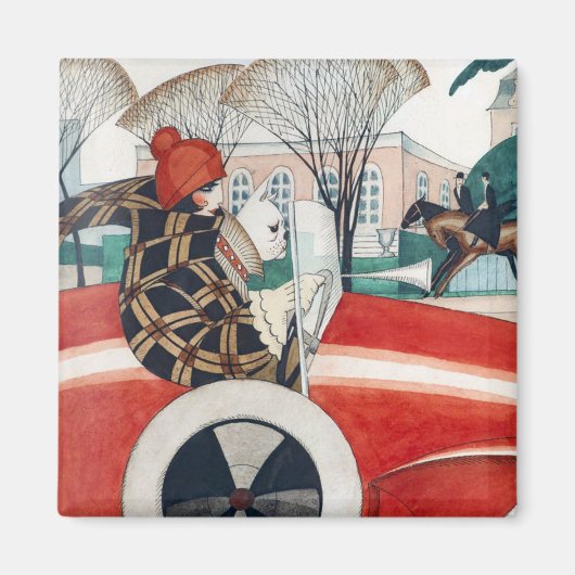 赤い自動車の中で女の子とパグ犬 マグネット (正面)