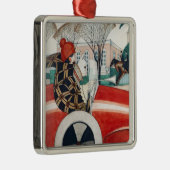 赤い自動車の中で女の子とパグ犬 メタルオーナメント (右)