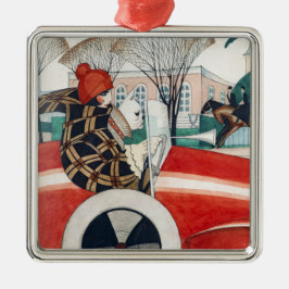 赤い自動車の中で女の子とパグ犬 メタルオーナメント