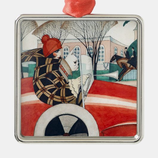 赤い自動車の中で女の子とパグ犬 メタルオーナメント (正面)