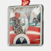 赤い自動車の中で女の子とパグ犬 メタルオーナメント (左)