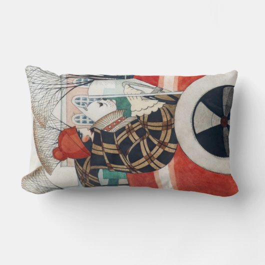 赤い自動車の中で女の子とパグ犬 ランバークッション (正面)