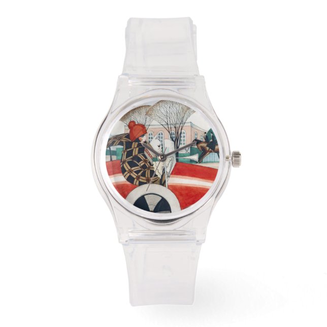 赤い自動車の中で女の子とパグ犬 腕時計 (正面)