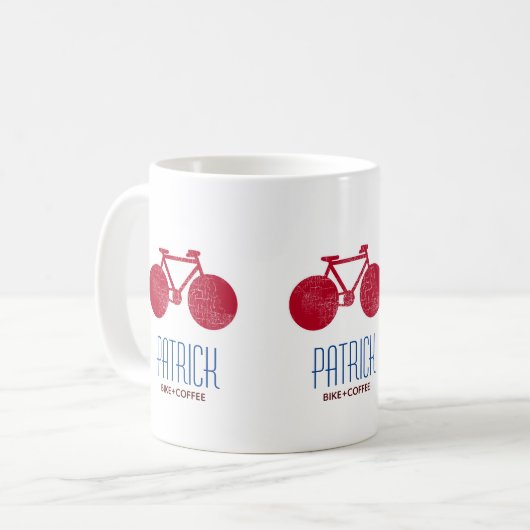 赤い自転車に彼の名前でパーソナライズされたマグカップ コーヒーマグカップ (正面左)