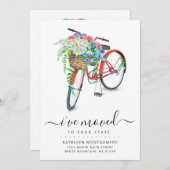 赤い自転車のフローラバスケットの移動告知 案内状 (正面/裏面)