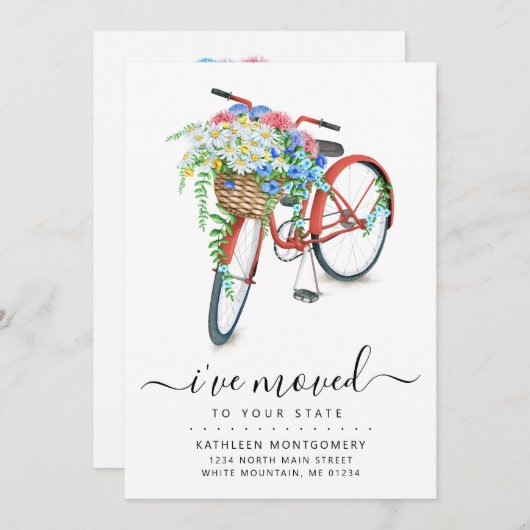 赤い自転車のフローラバスケットの移動告知 案内状 (正面/裏面)