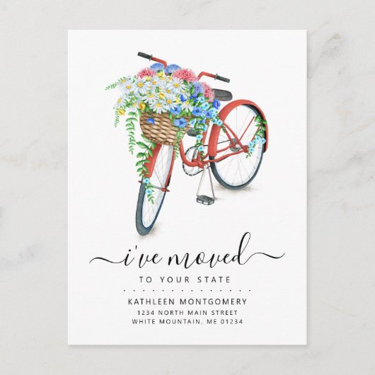 赤い自転車ピンクブルーフローラバスケット移動 案内ポストカード (正面)