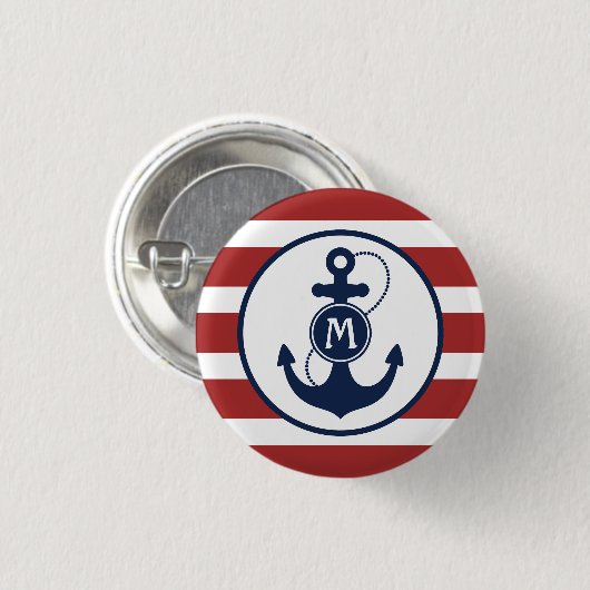 赤い航海のいかりのモノグラムと縞で飾ります 缶バッジ (正面&裏面)
