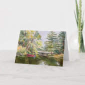 赤い船の「マウンテン湖」水彩画の風景 サンキューカード (正面)