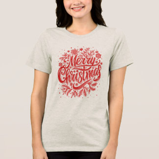 赤い色のメリークリスマスレタリングタイポグラフィ トライブレンドＴシャツ