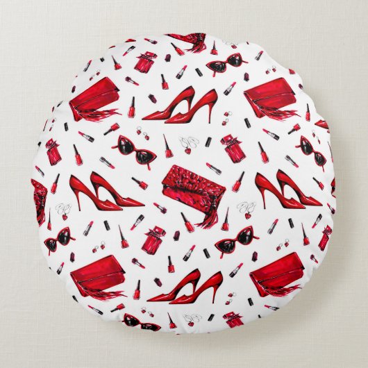 赤い色の女の子とシームレスな柄 ラウンドクッション (正面)