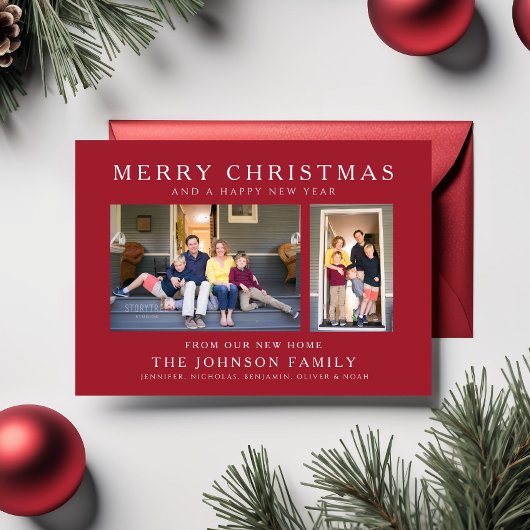 赤い色の楽しいクリスマス　新しい家の写真のホリデーカード シーズンカード