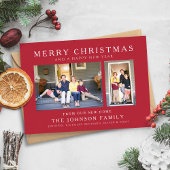 赤い色の楽しいクリスマス　新しい家の写真のホリデーカード シーズンカード