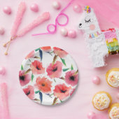 赤い色彩の鮮やかケシの花柄 ペーパープレート (パーティー)