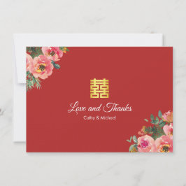 赤い芍薬のモダンな中国風の結婚式 サンキューカード