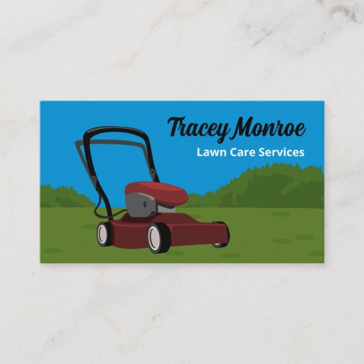 赤い芝刈り機のシーン、芝生サー気にビス 名刺 (正面)