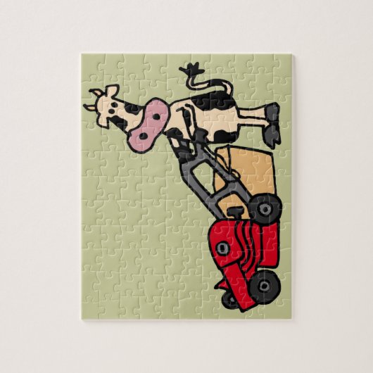 赤い芝刈機の漫画を押しているおもしろいな牛 ジグソーパズル (縦)