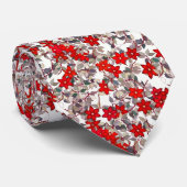 赤い花および銀製灰色の葉 ネクタイ (ロール)