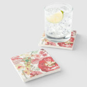 赤い花が付いているパターン ストーンコースター (横)