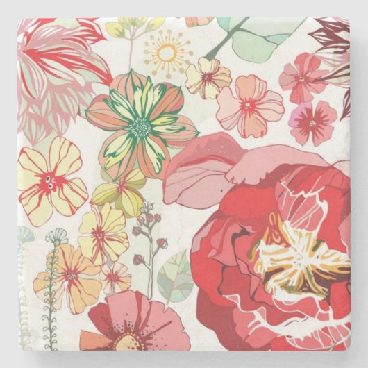 赤い花が付いているパターン ストーンコースター (正面)