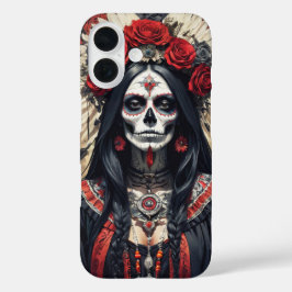 赤い花で飾られたサンタ・ムエルテ iPhone 16ケース