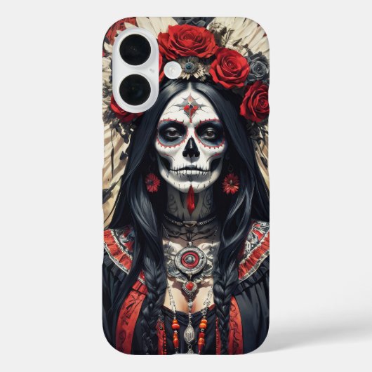 赤い花で飾られたサンタ・ムエルテ Case-Mate iPhoneケース (裏面)