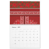 赤い花とつる植物の十字縫い模様 カレンダー (2月 2027)