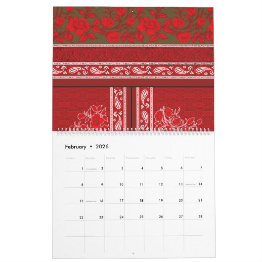 赤い花とつる植物の十字縫い模様 カレンダー (2月 2026)