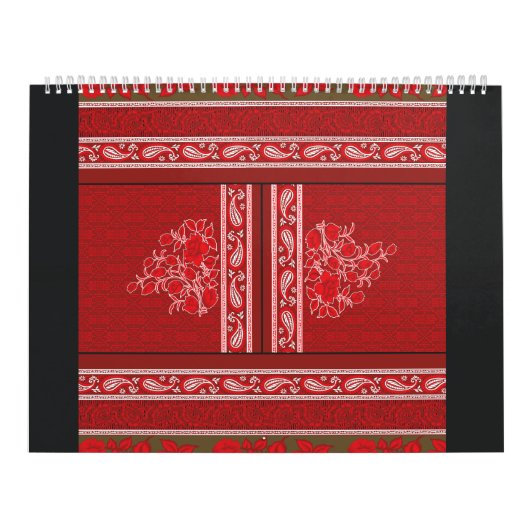 赤い花とつる植物の十字縫い模様 カレンダー (カバー)