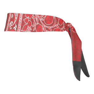 赤い花とつる植物の十字縫い模様 タイヘッドバンド