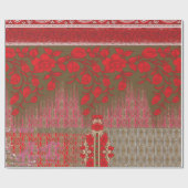 赤い花とつる植物の十字縫い模様 ラッピングペーパー (フラット)