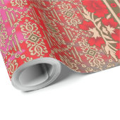 赤い花とつる植物の十字縫い模様 ラッピングペーパー (ロールコーナー)